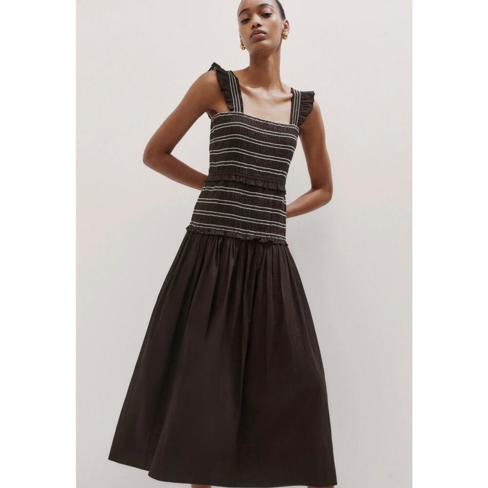 ME+EM Cotton Poplin Contrast Stitch Midi Nap Dress Chocolate Brown 10 Smocked